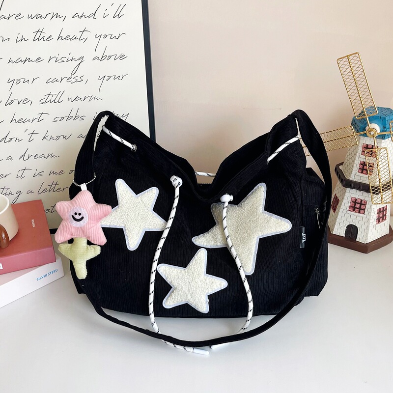 新しいショルダーバッグかわいいデザインスター学生大容量レディースバッグ春と夏の通勤コーデュロイメッセンジャーバッグ|undefined