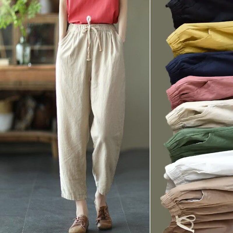 Cotton and Linen Pants for Women, Elastic Waist, Loose Casual Pants, New Spring and Summer Style, Retro Slimming Drawstring Carrot Harem Pants