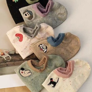 Boneless Shallow Mouth Non-slip Invisible Socks Women's Japanese Embroidered Cartoon Boat Socks Spring and Summer New Arrival Point Yarn Short Socks