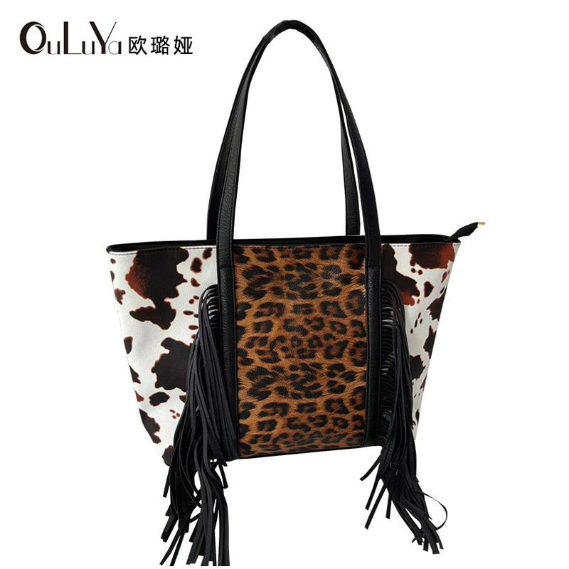 Cross-Border In-Stock Supply Leopard Print Handbag Cow Print Shoulder Bag for Women with Tassels Trendy Large Bag Extra Large Bag