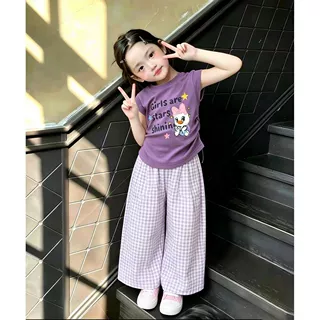 女童黛丝短袖上衣2026夏季新款女宝超好看紫色T恤宝宝格子休闲裤
