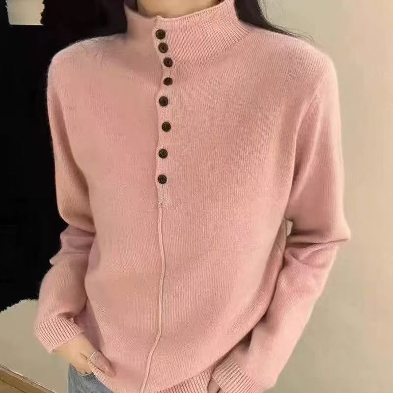 秋冬新款半开扣高领毛衣女加厚长袖针织衫上衣时尚百搭针织衫打底|undefined