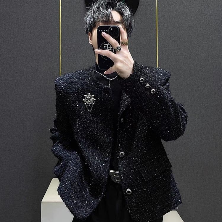 Niche Design Tweed Chanel-Style Jacket for Men 2025 New Short Padded Shoulder Starry Sequin Coat