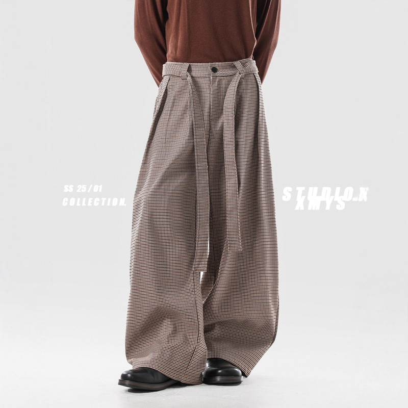 Vintage Brown Plaid Old Money Style Belt Design Houndstooth Trousers Men's Cleanfit American Loose Casual Pants
