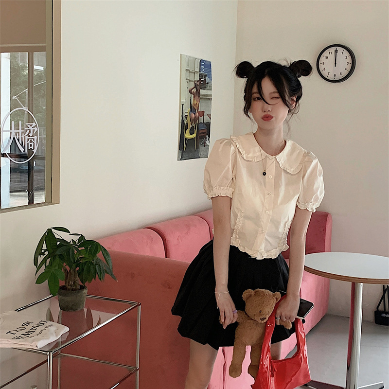 White Doll Collar Puff Sleeve Shirt for Women Summer 2025 New Design Niche Sweet Girl Short Top