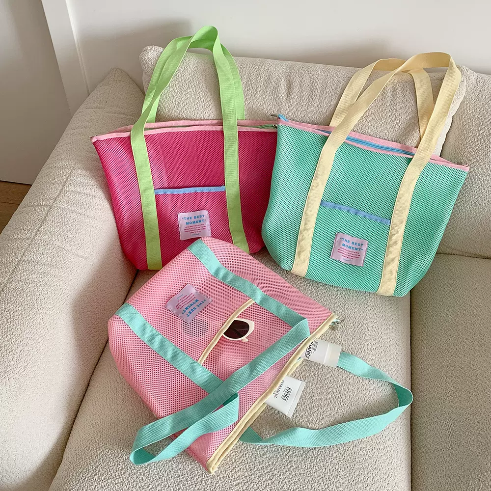 夏季韩版网纱手提包少女带拉链单肩包学生可折叠旅行沙滩包果冻包