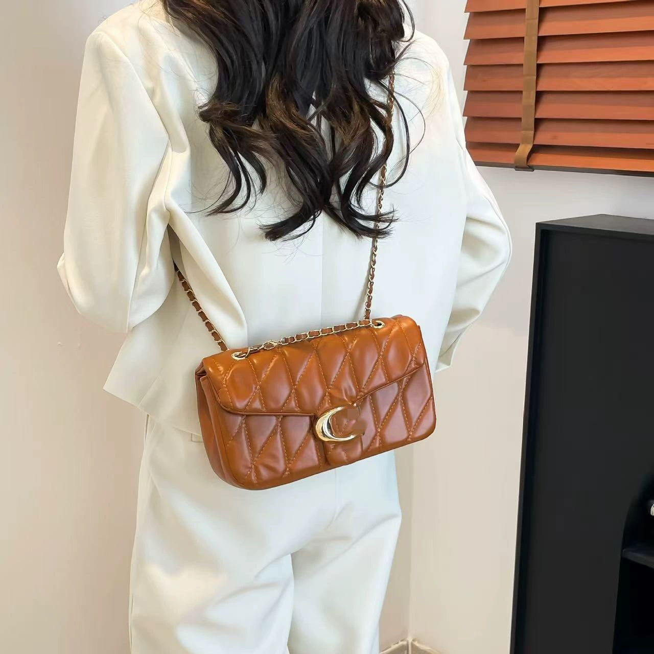 Shoulder Bag (Chanel-style) Quilted Diamond Pattern, Chain Strap, Flap 7 Colors