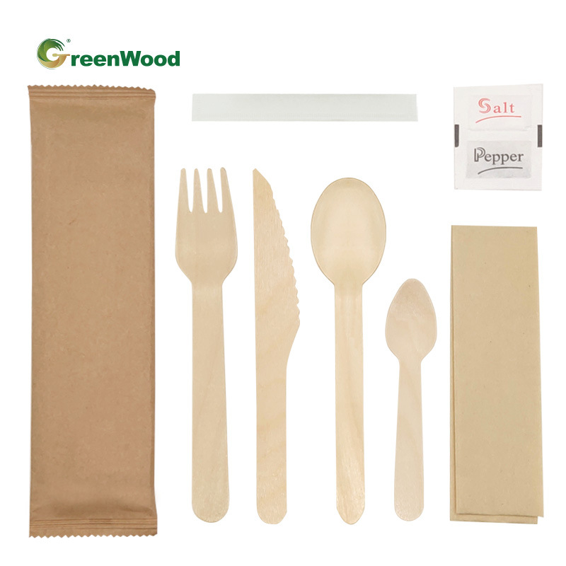El fabricante personaliza el juego de vajilla de madera desechable ecológica, cuchillo de madera, tenedor de madera, cuchara de madera, cuchara de madera, degradable