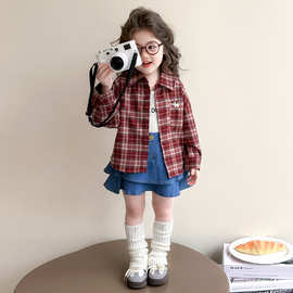 女童洋气时髦春秋韩版格子衬衫2025新款休闲红色衬衣儿童春装上衣