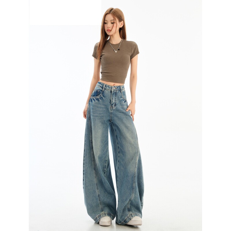 Vintage Scimitar Wide-Leg Jeans for Women 2025 Spring and Autumn Washed Distressed American Style Loose Petite Scythe Long Pants