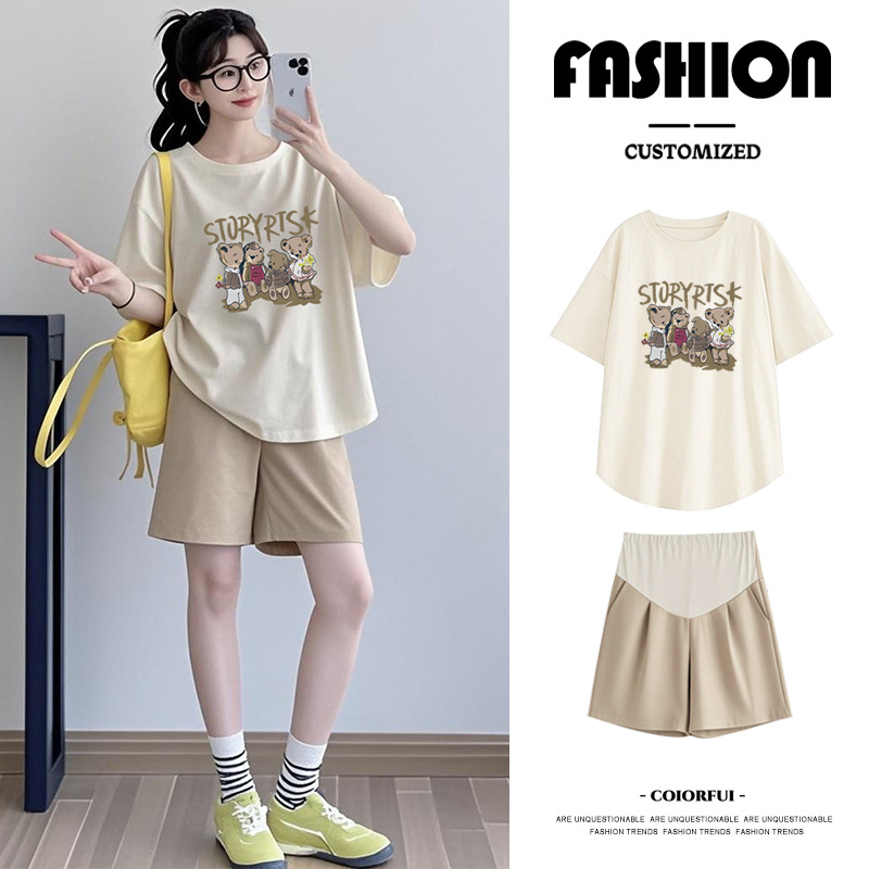 Maternity Short-Sleeve T-Shirt Summer Trendy Mom New Loose Lazy Casual Stylish Belly-Covering Top and Shorts Two-Piece Set
