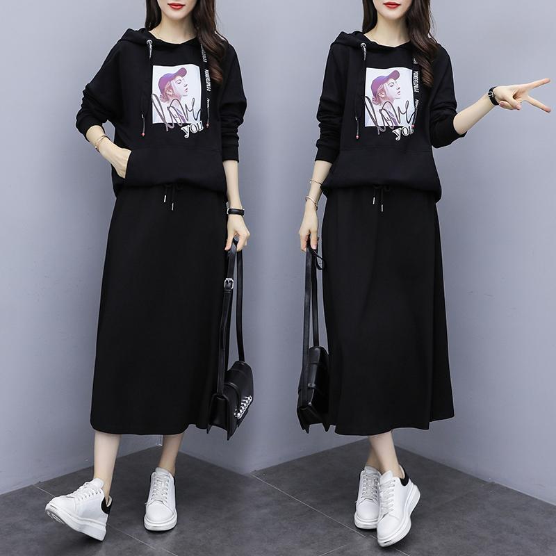大码女装春秋冬季新款韩版胖妹妹套装时尚宽松卫衣半身裙两件套女