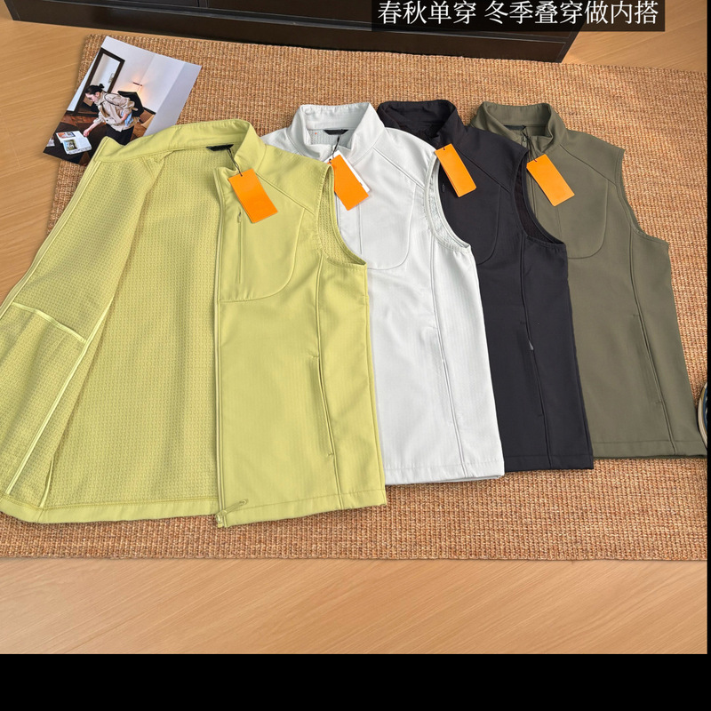 0905x4~Casual Commute Simple Windproof Versatile Zipper Pocket Printed Men's Stand Collar Softshell Fleece Vest
