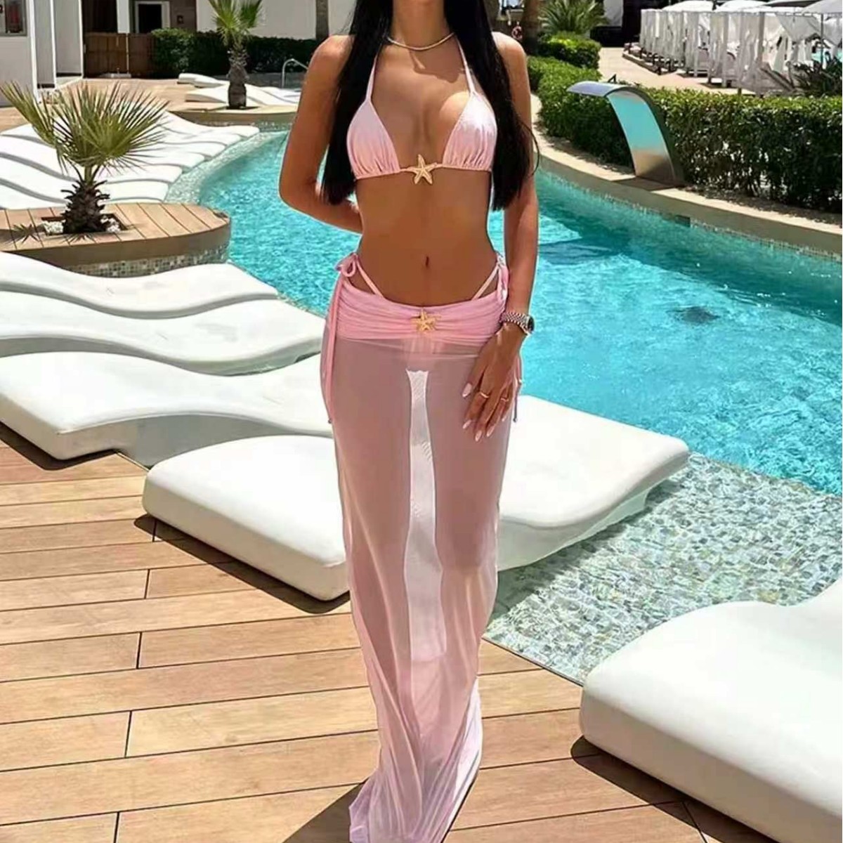 European and American cross-border solid color starfish decoration three-piece sports bikini with long mesh skirt and halter neck tie