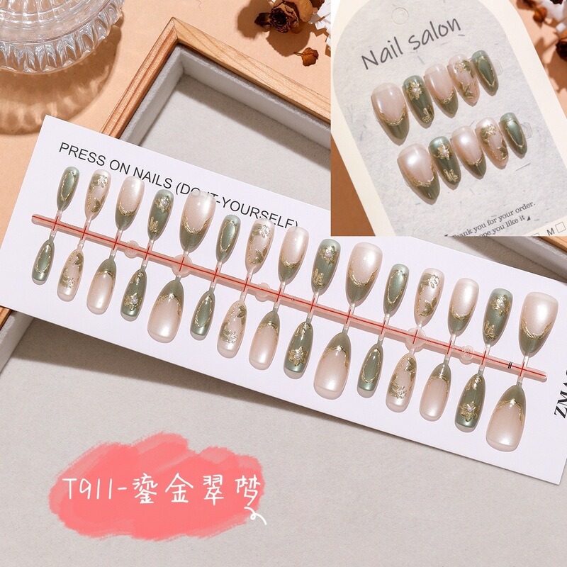 T911 Gilded Emerald Dream Short Almond-Shaped Nail Tips with Rhinestones, New Chinese Style Retro Matcha Green Gradient with Gold Trim and Carved Design, Wholesale T911 Gilded Emerald Dream Short Almond-Shaped Nail Tips with Rhinestones, New Chinese Style Retro Matcha Green Gradient with Gold Trim and Carved Design, Wholesale