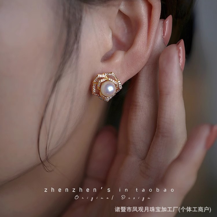 ZHUJI 담수 진주 귀걸이 입체 지르콘 로즈 귀걸이 한국 스타일 귀걸이 여성 선물 S