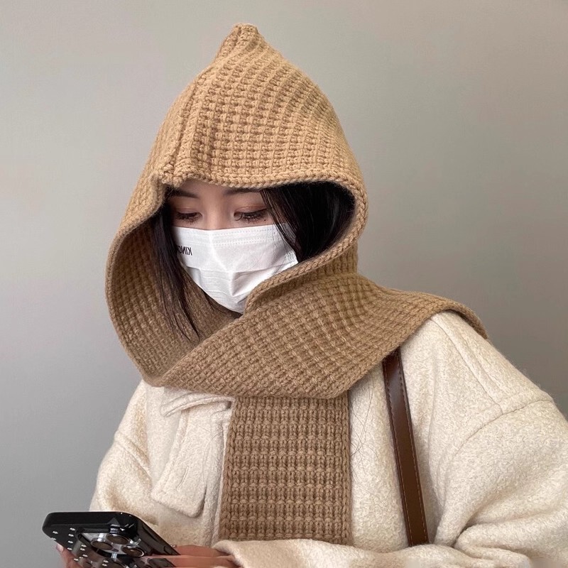 冬季帽子围巾一体两件套纯色保暖两用针织帽斗篷百搭时尚连帽披肩|undefined