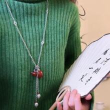 红水晶葫芦吊坠流苏项链女小众气质流苏锁骨链毛衣吊坠情人节礼物