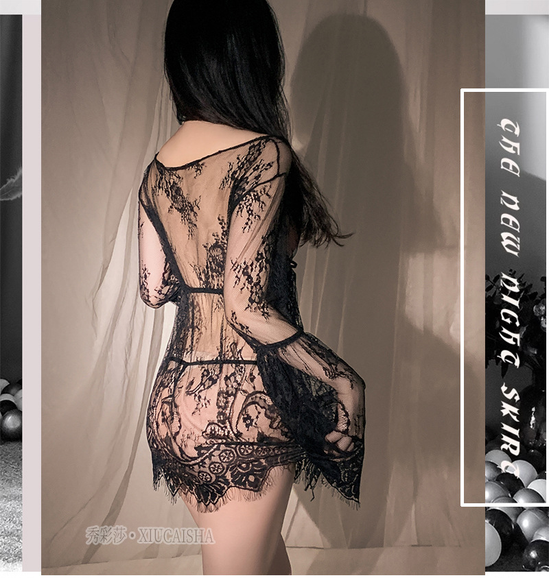 Lace Perspective Babydoll Nightdress Set with Thong, Sheer Cardigan Style — detail image 3