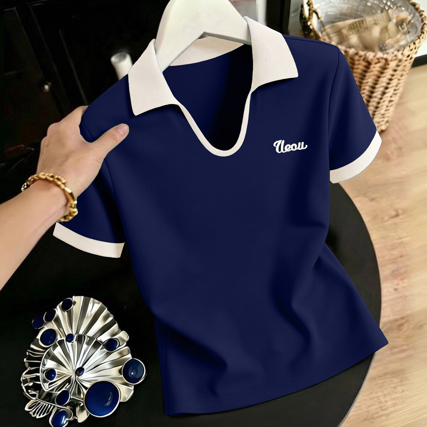 Summer Color-Block Polo Shirt Short-Sleeve T-Shirt for Women, New Summer Style with Doll Collar, Versatile Casual Middle-Aged Turn-Down Collar Top T-Shirt