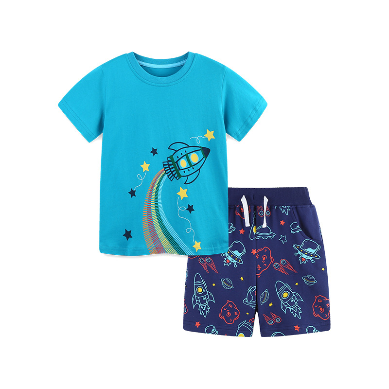 Verano nuevo traje de niño de moda impresión de cohete para niños manga corta traje de niño fresco pantalones cortos deportivos para niños