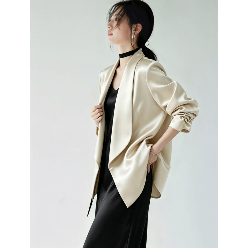 Silk Stretch Satin Women's Blazer 2026 Early Autumn New Model S896 with Mandarin Collar and Three-Quarter Pleated Sleeves in Mulberry Silk Silk Stretch Satin Women's Blazer 2026 Early Autumn New Model S896 with Mandarin Collar and Three-Quarter Pleated Sleeves in Mulberry Silk