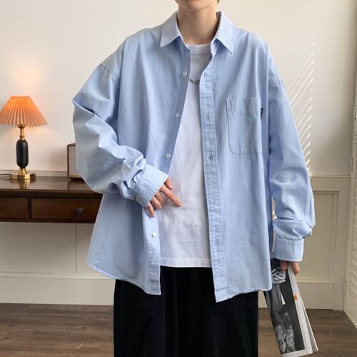Spring and autumn new style solid color long-sleeved shirt for men, Korean style trend loose simple handsome all-match top, thin coat trend