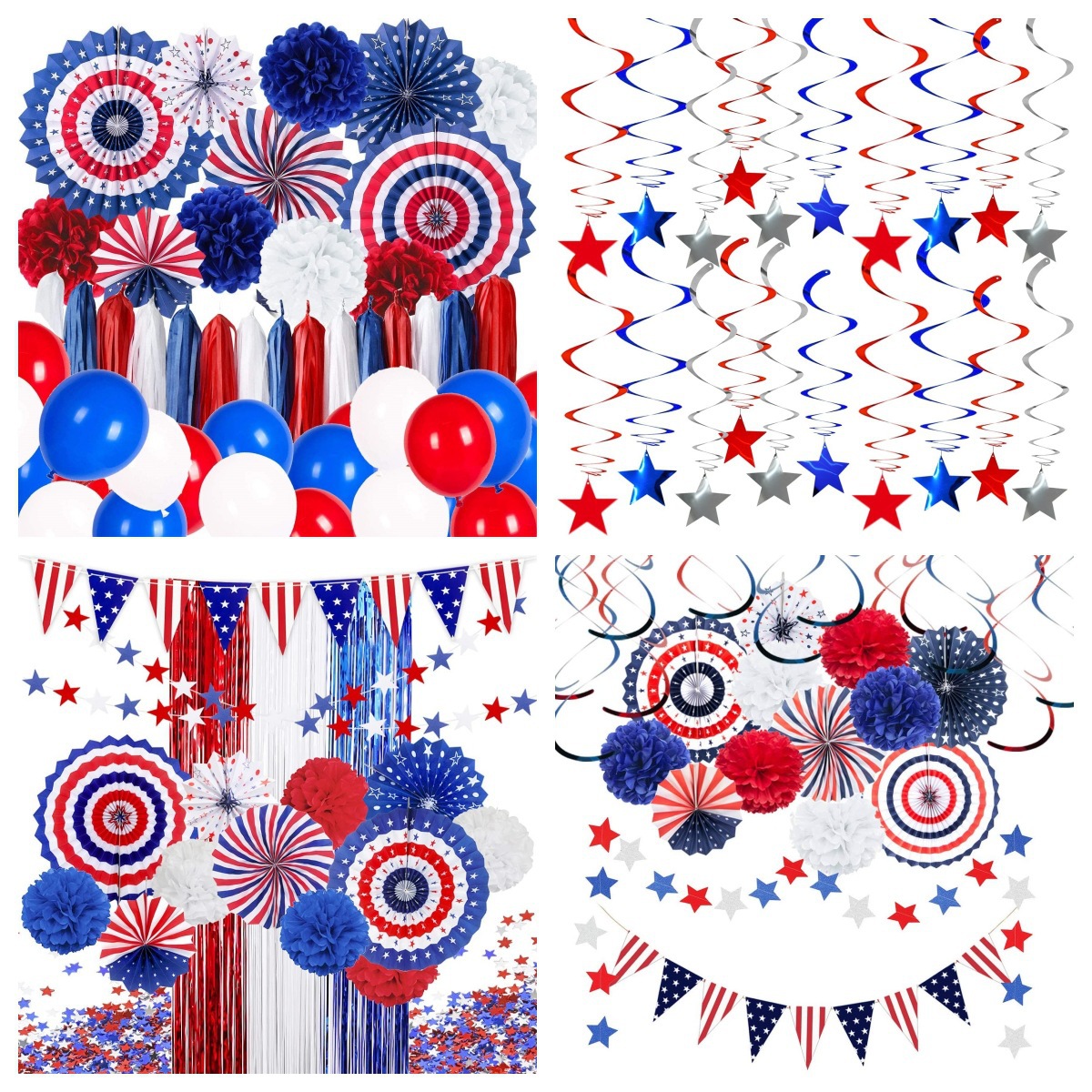 American Independence Day Party Decoration Set Flag Five-pointed Star Flower Paper Fan Tassel Rain Silk Package Red and Blue Theme