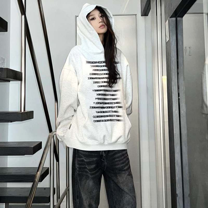 American White Blurred Overlapping Letter Hooded Sweatshirt for Women Autumn and Winter 2023 New Style Oversize Heavy Jacket