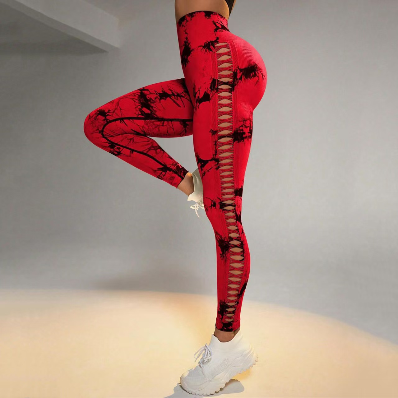 Transfronterizo de cintura alta hueco atado teñido de camisa de mel桃 hips fitness deportivo pantalones ajustados malla sexy ropa de yoga para mujeres