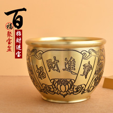 纯黄铜米缸内刻金蟾百福缸聚宝盆桌面摆件烟灰缸书房招财纳福摆件
