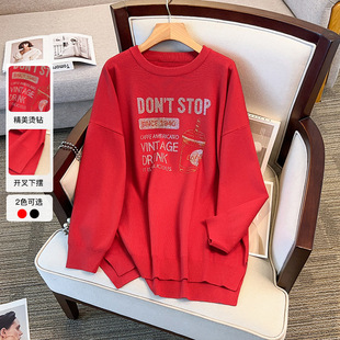 Plus Size Women's Rhinestone Sweater for Autumn and Winter 100kg Fat Women's Loose Slimming Top Long Sleeve 24521t