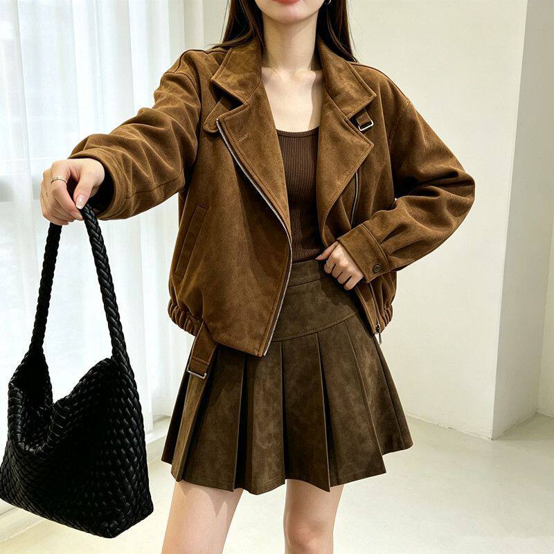 Áo khoác ngắn nữ da lộn dáng rộng khóa kéo, dài tay, cổ bẻ — Màu kaki, Màu nâu cà phê chi tiết 11