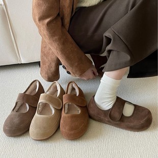 Inner Height-Increasing Loafers 2025 Winter New Style Furry Shoes with Velcro Thick-Soled Birkenstock-Style Shoes French Style Warm Outerwear Shoes