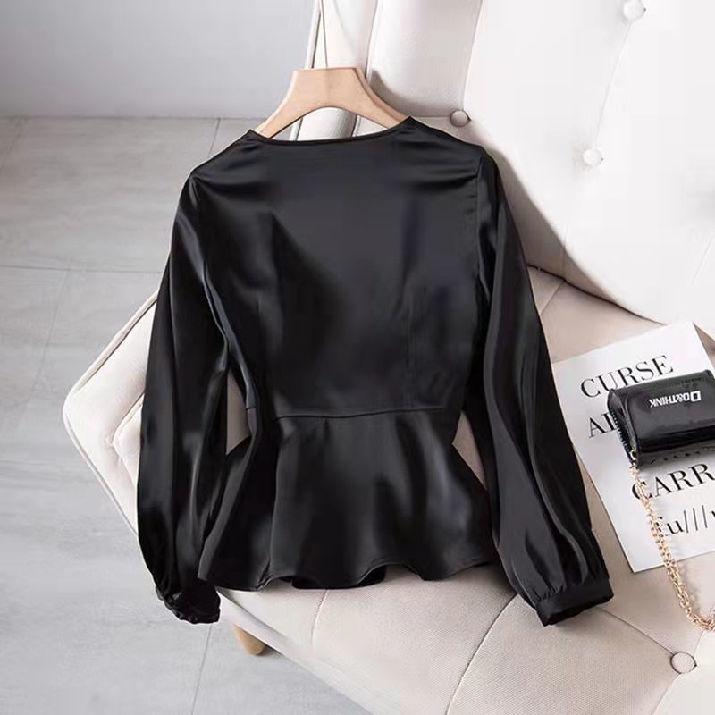 Blusa Plus Size com Decote em V - Top Modelador que Controla a Barriga, Blusa Elegante de Manga Longa com Definição da Cintura (Preta, Tamanhos G-4XG, Mistura de Poliéster)_voghion.com