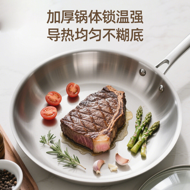 18-10 Pan de acero inoxidable pan antiadherente doméstico sin recubrimiento grado alimenticio grueso electromagnético freidora de filete