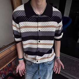 2026镂空条纹设计感针织短袖开衫男女款夏季新贵老钱风正肩上衣潮