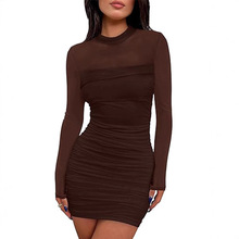 亚马逊外贸长袖紧身显身材包臀裙性感气质御姐高领拼接网纱连衣裙