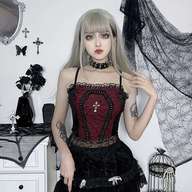 AltGoth Mall Goth Red Corset Vest Women Harajuku Streetwear Emo Alt Vintage  Grunge Lace Patchwork Lace-up Slim Crop Tops Female