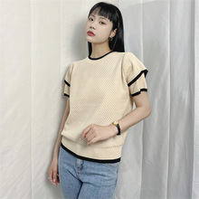 新款韩版夏季拼色设计感休闲宽松圆领短袖甜美洋气打底针织衫