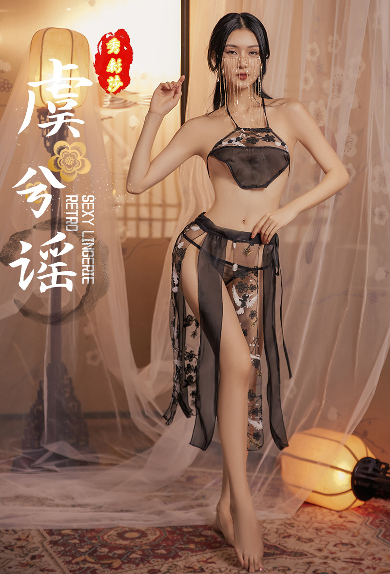 Sexy Chiffon Bellyband Pajama Set with Skirt and Thong, Sheer Mesh Roleplay Lingerie — detail image 2