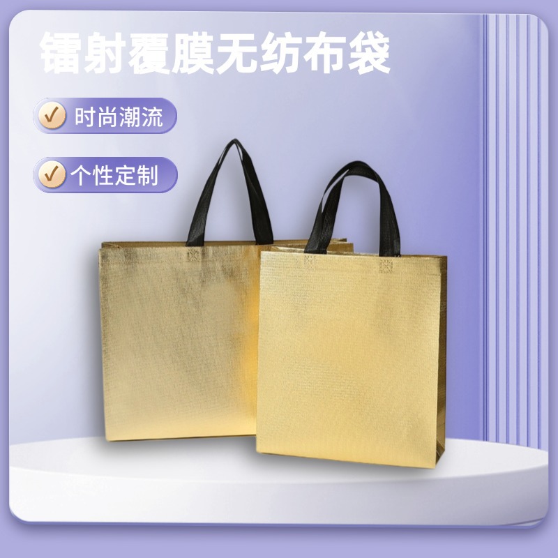 网红高档镭射无纺布袋子购物出行逛街手提袋时尚简约防水淋膜袋