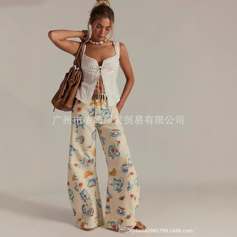 Amazon 25 秋冬新作クロスボーダーヨーロッパとアメリカの服プリントルーズカジュアルパンツワイドレッグパンツカジュアルパンツ女性用|undefined