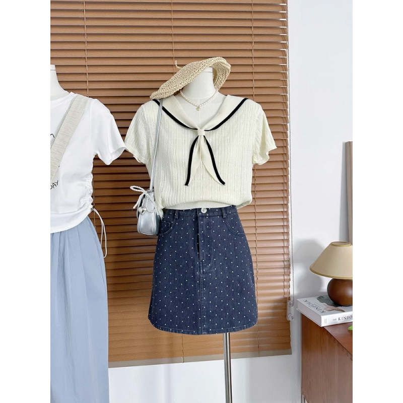 2025 New Summer Korean Girl Navy Collar Short-Sleeved Knitwear Preppy Style Age-Reducing T-Shirt Top