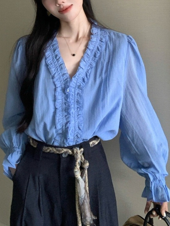 法式小资蓝色木耳边长袖衬衫女秋季新款高级感宽松显瘦喇叭袖上衣|undefined