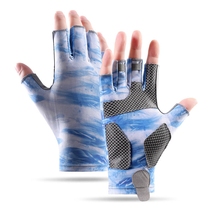 Guantes de pesca de los hombres de primavera y verano al aire libre de la pesca protección solar antideslizante resistente al desgaste camuflaje frío hielo seda medio dedo transpirable DY