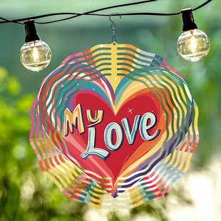 1Pc 3D Mandala Rotating Wind Chime - Heart Shape My Love Metal Wind Catcher with Colorful Beam, No