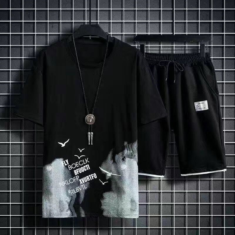 Ice Silk Short-sleeved T-shirt Summer Men's Trendy Sports Leisure suit Matching Handsome Shorts Fashion Brand Clothes suit