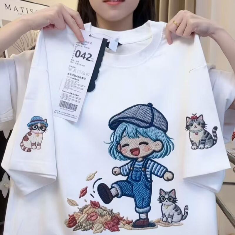 Blue-Haired Cartoon Girl Imitation Embroidery Print Short-Sleeved T-Shirt for Men and Women Summer Wear 2026 New Style Loose Cute Top Trendy