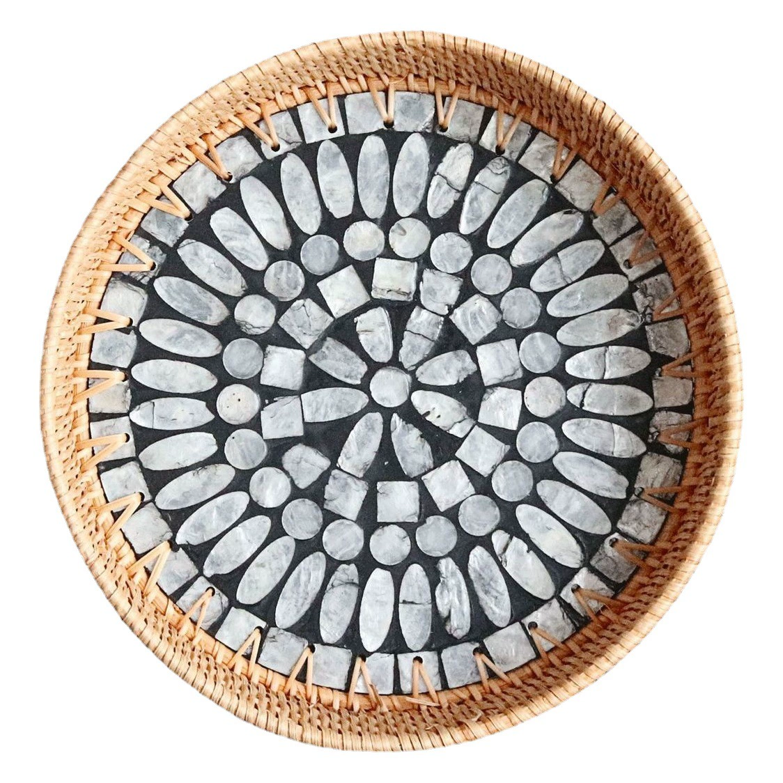 Европейский стиль B & B Круглый поднос из ротанга для гостиной, поднос для хранения фруктовых закусок, европейский стиль тканый поднос для фруктов